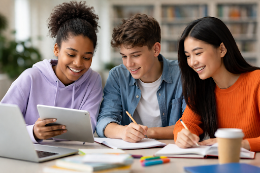 Student reading and taking notes for SAT preparation