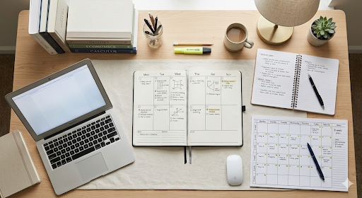 Busy student following a Digital SAT study plan with laptop and notes